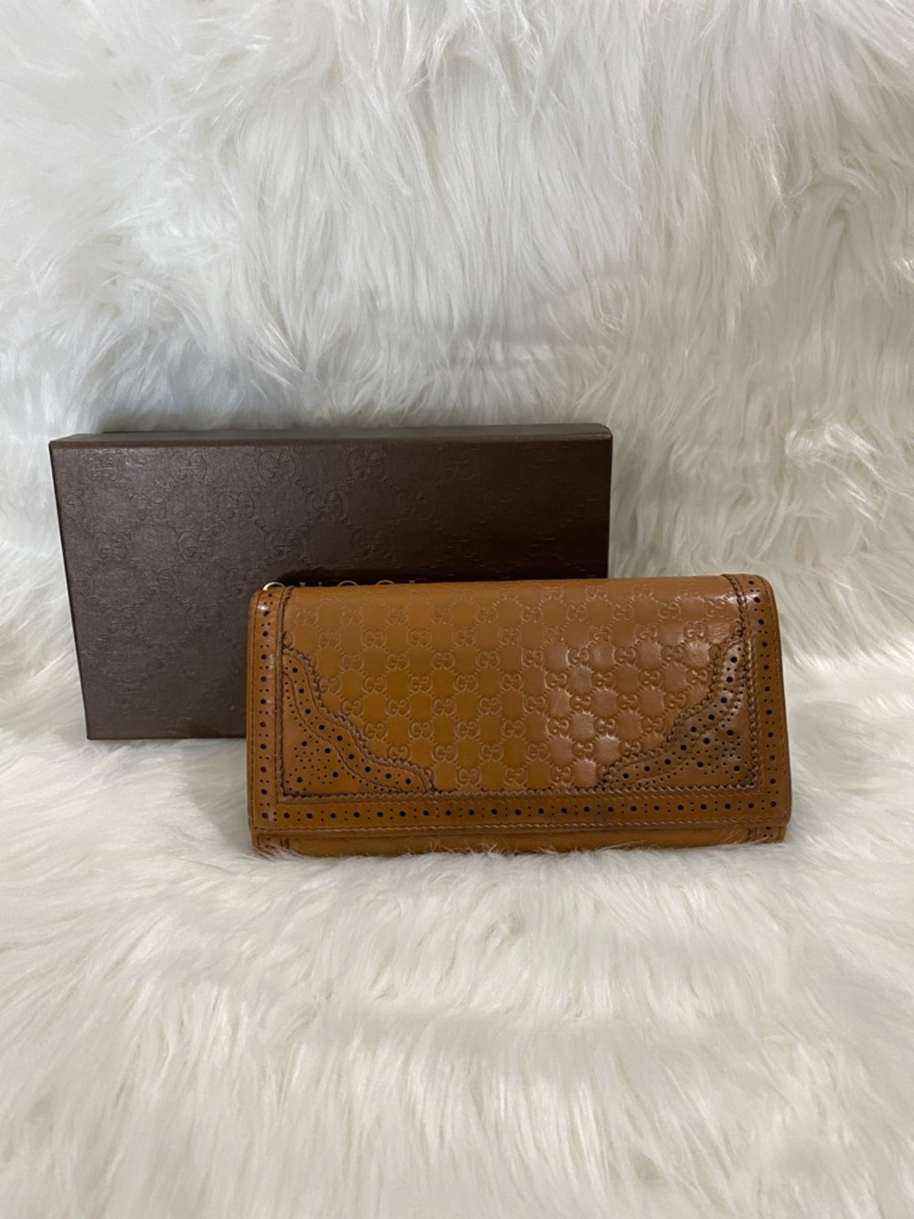 Gucci Tan microguccima GG Continental Wallet with Perforated Detail - leather